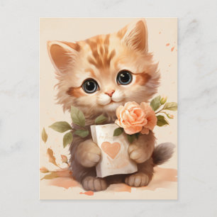 Postal Watercolor Kitten de primavera sosteniendo una car