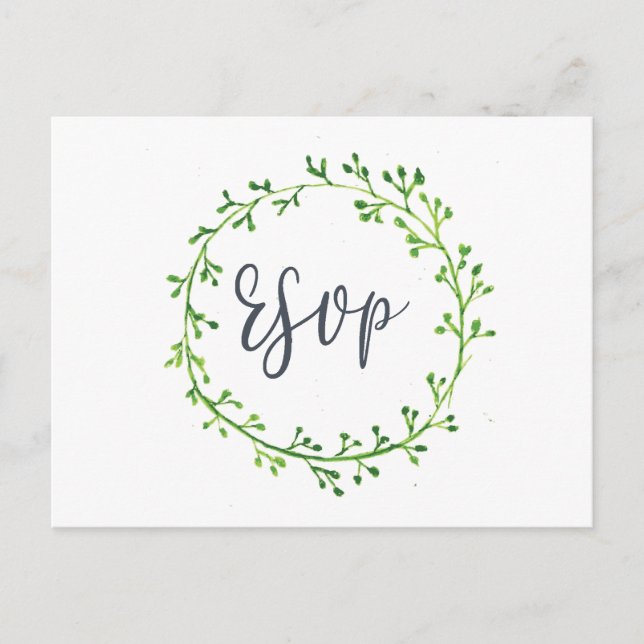 Postal Watercolor Leafy Wreath Wedding RSVP (Anverso)