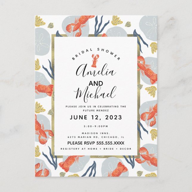 Postal Watercolor Lobster Crustacean Bridal Shower (Anverso)