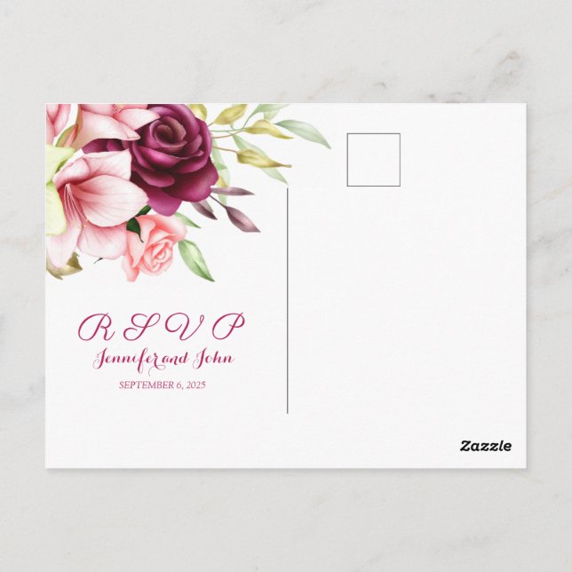Postal Watercolor Magenta Red Amaryllis Boda Floral (Reverso)