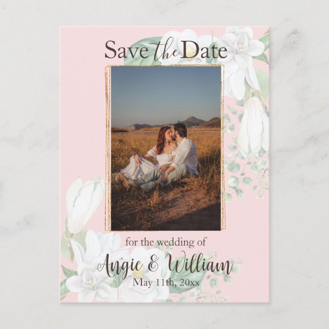 Postal Watercolor Magnolia Rubor Guardar foto de fecha (Anverso)