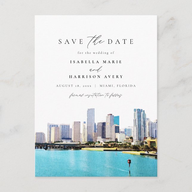 Postal Watercolor Miami Florida Skyline Save the Date (Anverso)