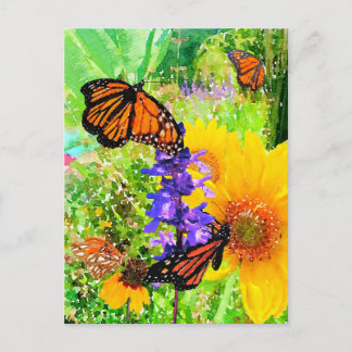 Postal Watercolor Monarch Mariposa Sunflower Garden
