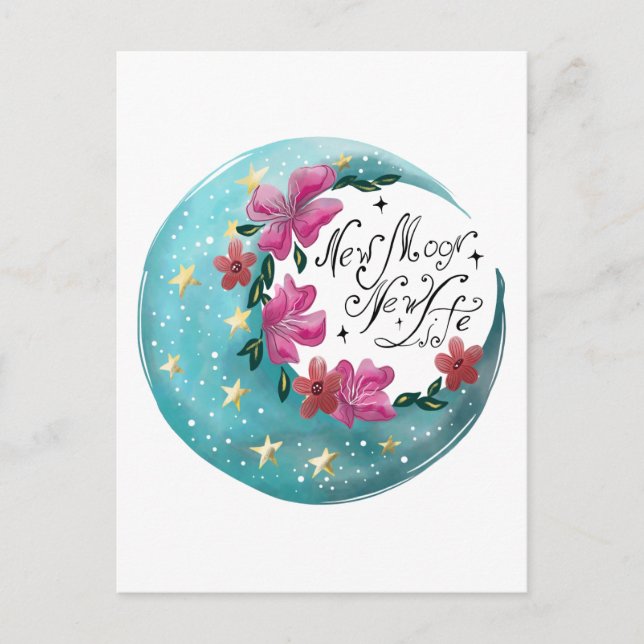 Postal Watercolor Moon con estrellas y flores (Anverso)