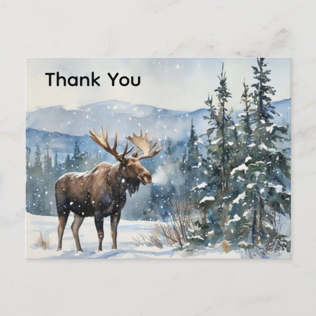 Postal Watercolor Moose in Snow Thank You  (Anverso)