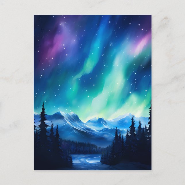 Postal Watercolor Northern Lights aurora borealis (Anverso)