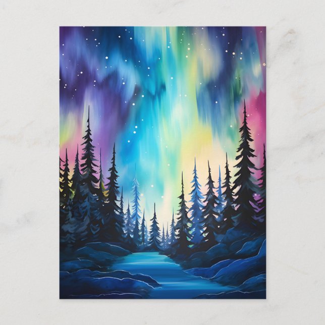 Postal Watercolor Northern Lights aurora borealis (Anverso)