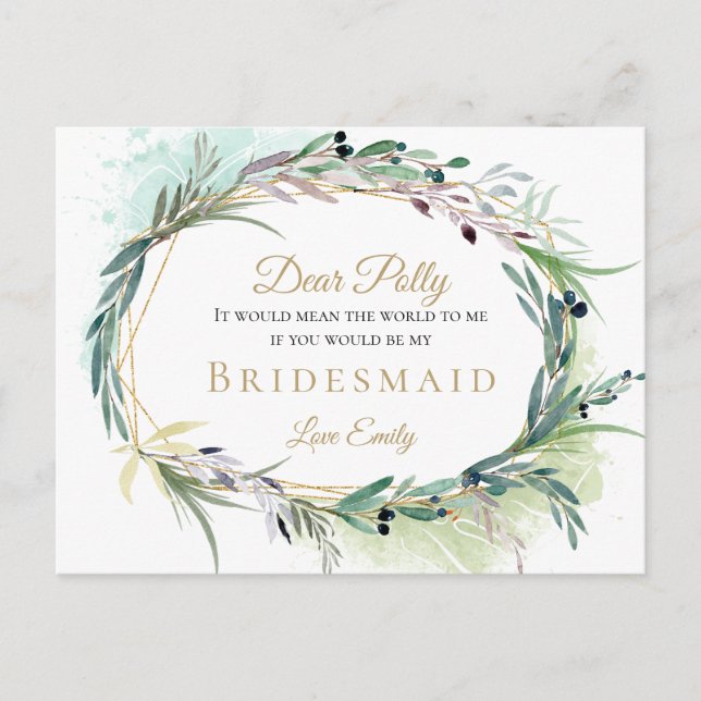Postal Watercolor Olive Leaf Greenery Solicitud de Brides (Anverso)
