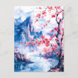 Postal Watercolor painting chinese mountain sakura