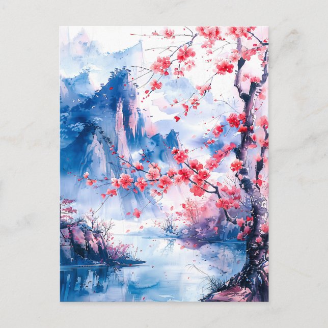 Postal Watercolor painting chinese mountain sakura (Anverso)