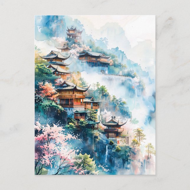 Postal Watercolor painting of Chinese temples  (Anverso)