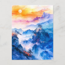 Watercolor painting of sundown chinese mountain