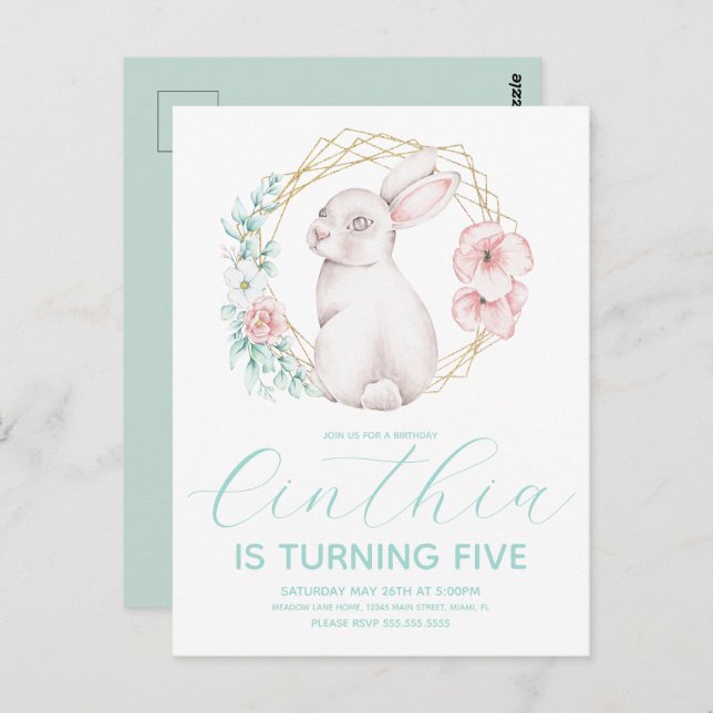 Postal Watercolor Pascua Bunny Chica Nacimiento Pastel (Anverso / Reverso)