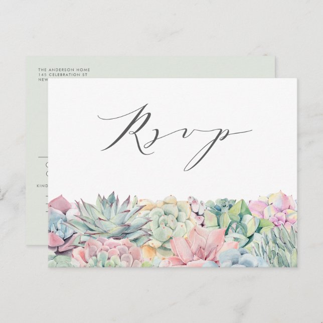Postal Watercolor Pastel Suculents Garland Wedding RSVP (Anverso / Reverso)