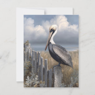 Postal Watercolor Pelican en una cerca