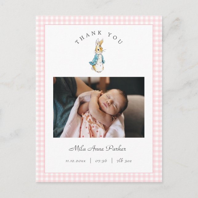 Postal Watercolor Peter Rabbit Girl Birth Announcement (Anverso)