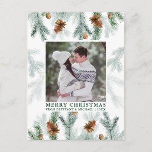 Postal Watercolor Pine Cone Greenery Pareja Foto Verde