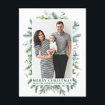 Postal Watercolor Pine Family Photo Christmas Green<br><div class="desc">Elegant Watercolor Pine Frame Merry Christmas Family Photo Holiday Greenery Postcard</div>