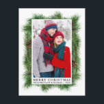 Postal Watercolor Pine Frame Couple Photo Holiday<br><div class="desc">Modern Elegant Watercolor Green Pine Frame with Pine Cones Couple Photo Merry Christmas Holiday Postcard</div>