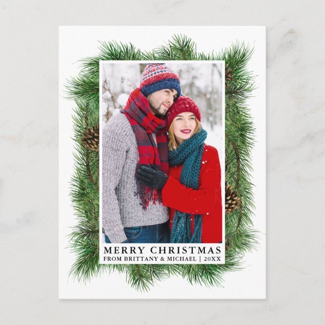 Postal Watercolor Pine Frame Couple Photo Holiday (Anverso)