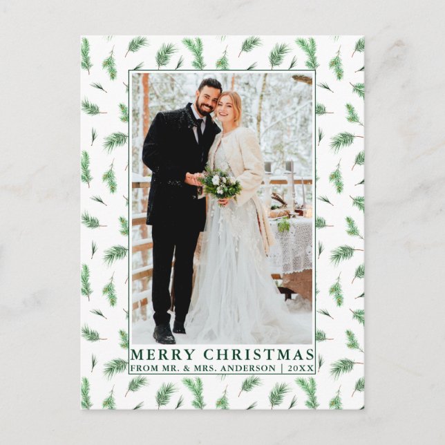 Postal Watercolor Pine Greenery Navidades recién casados (Anverso)