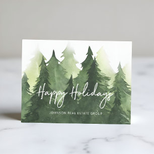 Postal Watercolor Pine Trees Negocios Felices Fiestas