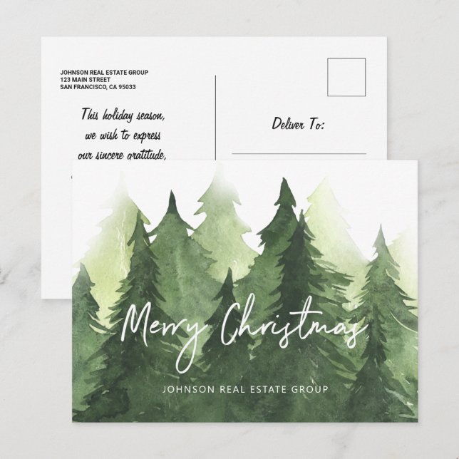 Postal Watercolor Pine Trees Negocios Feliz Navidad (Anverso / Reverso)