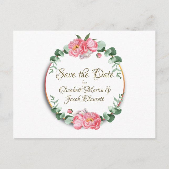 Postal Watercolor Pink Peonies Floral Save the Date (Anverso)