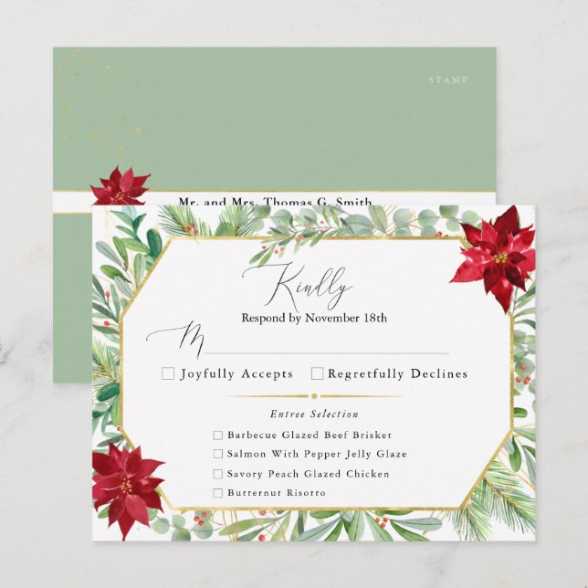 Postal Watercolor Poinsettia Holiday Wedding RSVP (Anverso / Reverso)