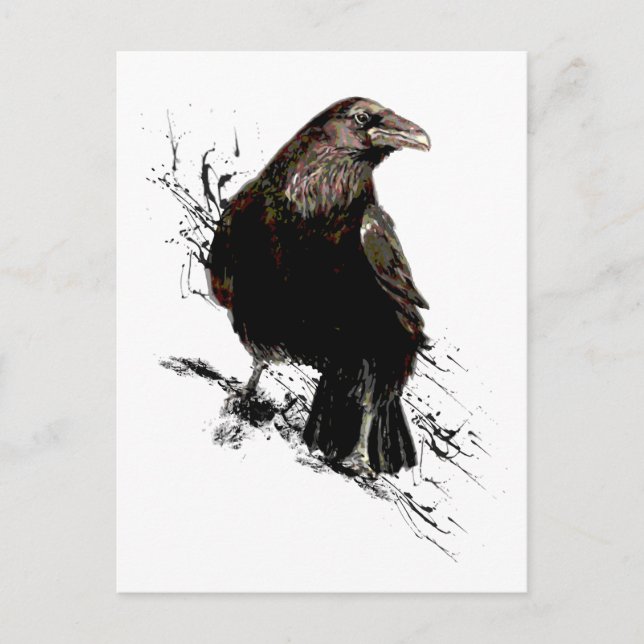 Postal Watercolor Raven Bird Animal Art (Anverso)