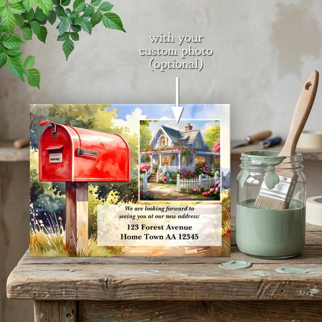 Postal Watercolor Red Mailbox New Home Moving (Rustic watercolor country red mailbox relocation or new home announcement postcard)