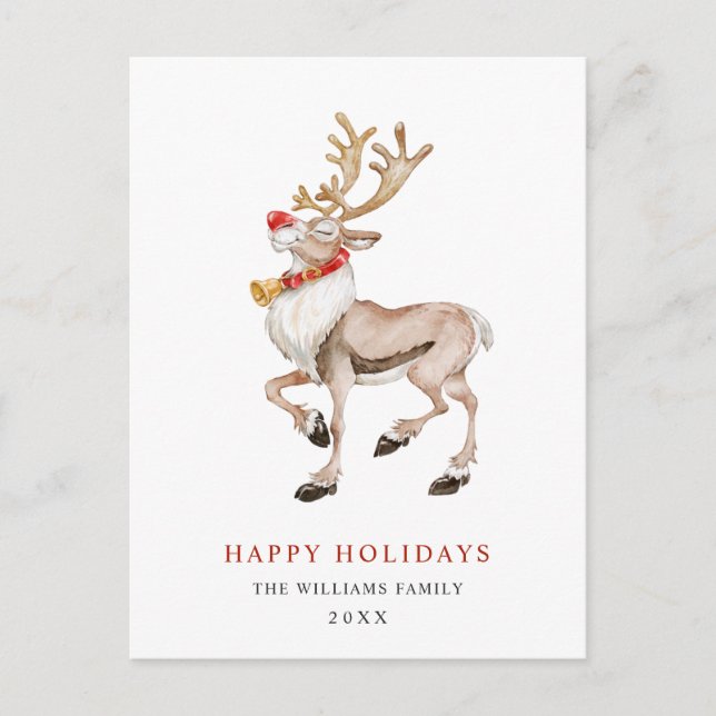 Postal Watercolor Rudolf Reindeer Feliz Navidad (Anverso)