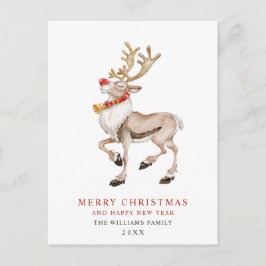 Postal Watercolor Rudolf Reindeer Feliz Navidad