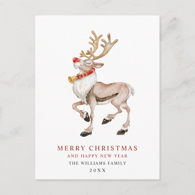 Postal Watercolor Rudolf Reindeer Feliz Navidad (Anverso)