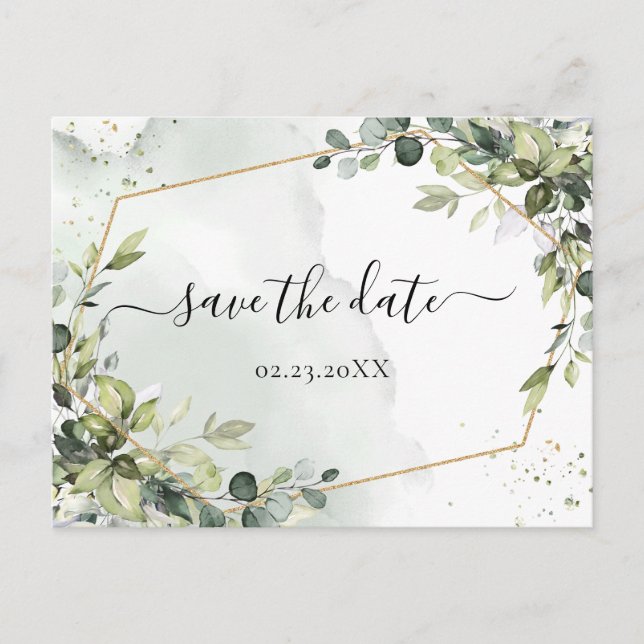 Postal Watercolor RustBoho Green Eucalyptus Save the Date (Anverso)