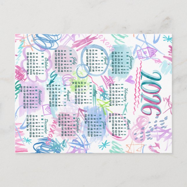 Postal Watercolor Scribbles Calendar Tea Towel 2026 (Anverso)