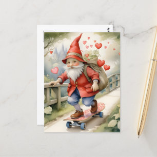 Postal Watercolor Skateboarding Valentine Gnome