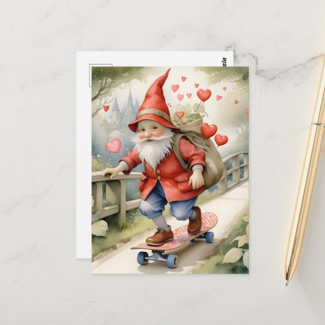 Postal Watercolor Skateboarding Valentine Gnome (Anverso/Reverso In Situ)