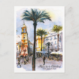 Postal Watercolor sketch cathedral square Cadiz Spain