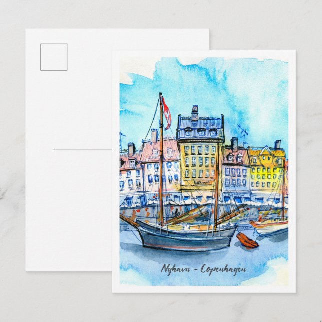 Postal Watercolor Sketch Nyhavn Copenhagen (Anverso / Reverso)