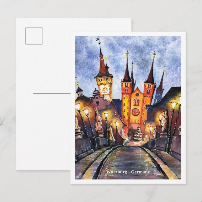 Postal Watercolor Sketch old main bridge Wurzburg Germany (Anverso / Reverso)