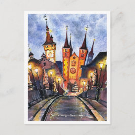 Postal Watercolor Sketch old main bridge Wurzburg Germany