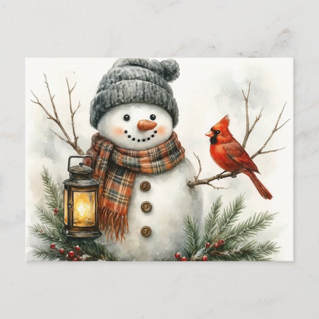 Postal Watercolor Snowman Christmas Card – Lantern & Card (Anverso)