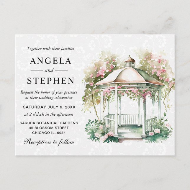 Postal Watercolor Spring Garden Gazebo Boda (Anverso)