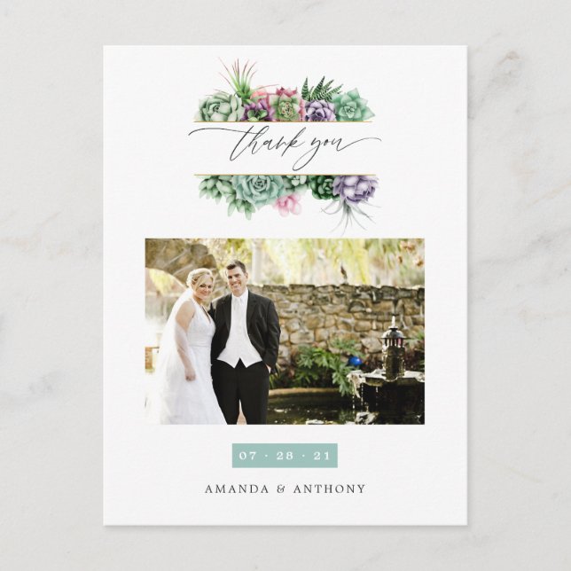Postal Watercolor Succulens Boda Foto Gracias (Anverso)