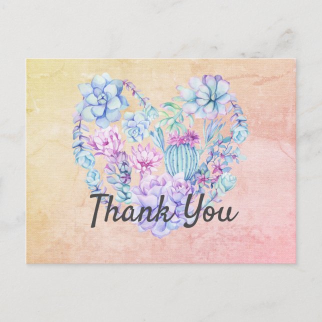 Postal Watercolor Succulents Heart Gracias Postcard (Anverso)