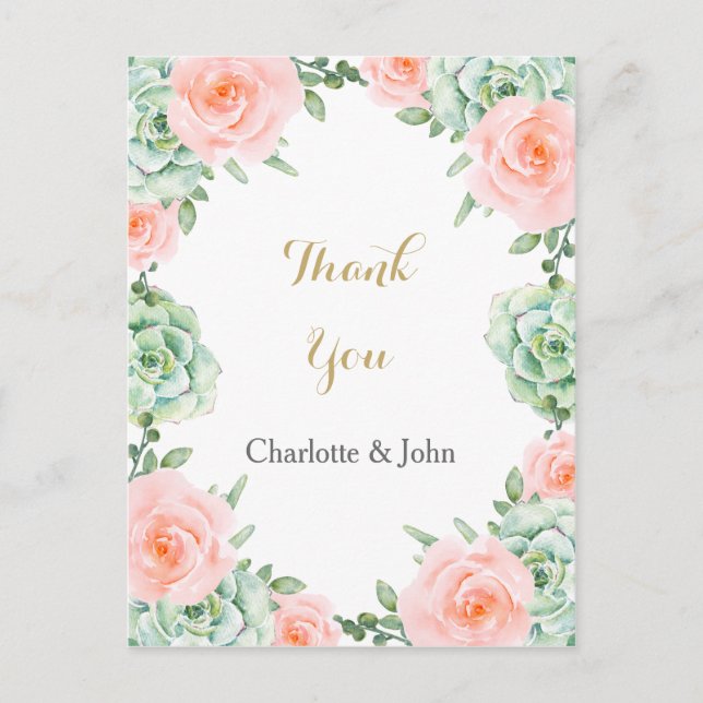 Postal Watercolor Suculento Rubor Floral Elegant Wedding (Anverso)