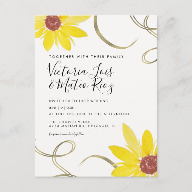 Postal Watercolor Sunflower Wild Floral Swirl Boda (Anverso)