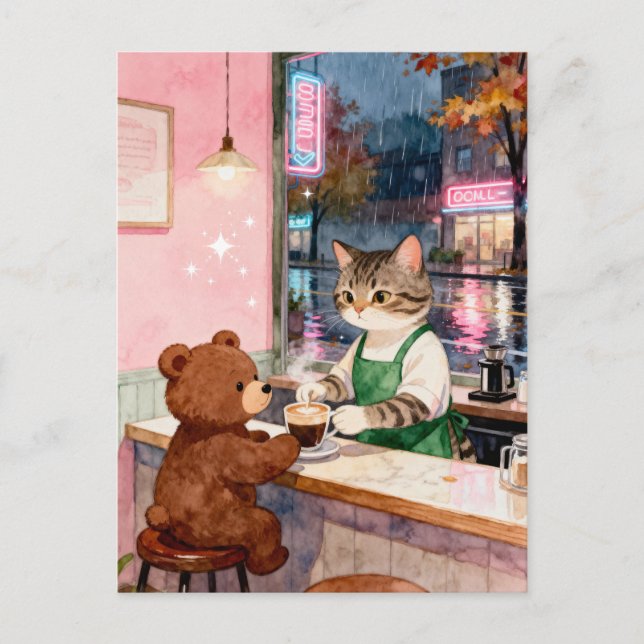Postal Watercolor Tabby Cat Barista Serving Bear (Anverso)