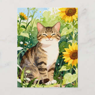 Postal Watercolor Tabby Cat in Sunflower Garden